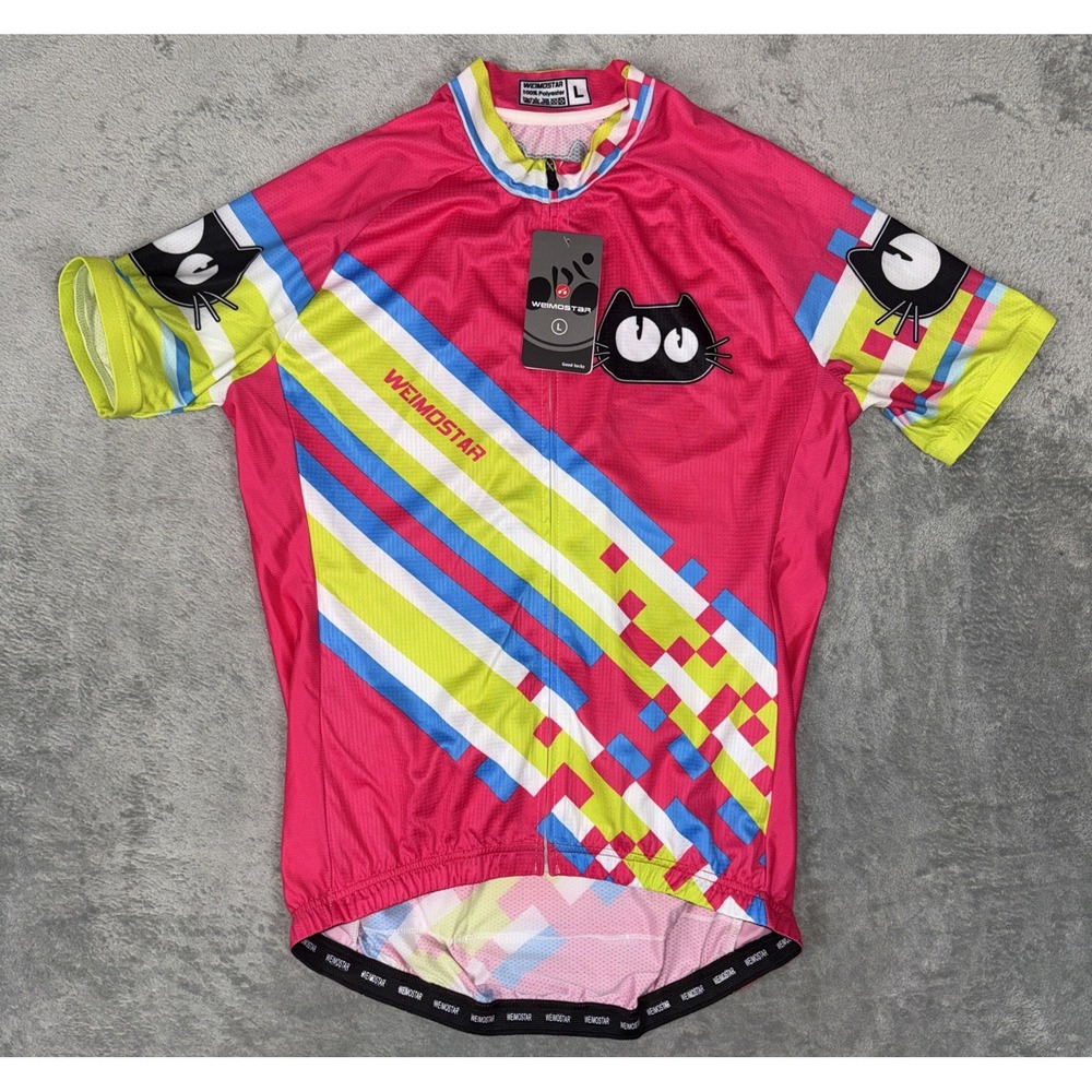 NEW Weimostar Womens L Cycling Jersey Cat Short Sleeve Full Zip Pockets